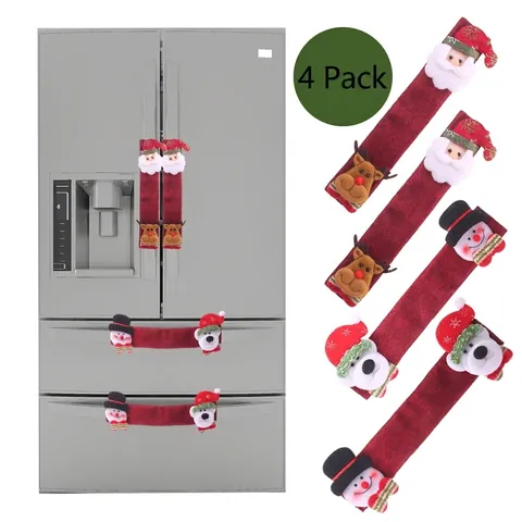 Christmas Fridge Handle Covers Red Burlap Linen Appliance Protectors With 3D Santa Snowman Reindeer Bear Holiday Kitchen Decorations