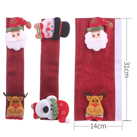 Christmas Fridge Handle Covers Red Burlap Linen Appliance Protectors With 3D Santa Snowman Reindeer Bear Holiday Kitchen Decorations