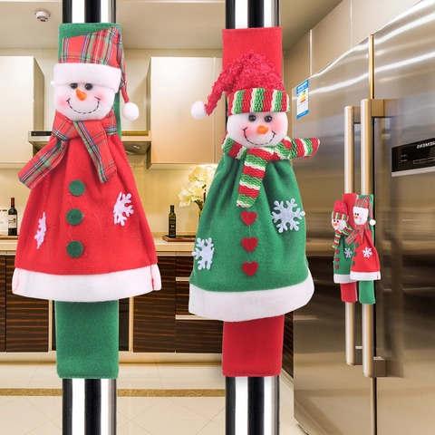 Christmas Snowman Flannel Refrigerator Handle Covers Kitchen Oven Microwave Protective Sleeves Festive Home Decor Green Red