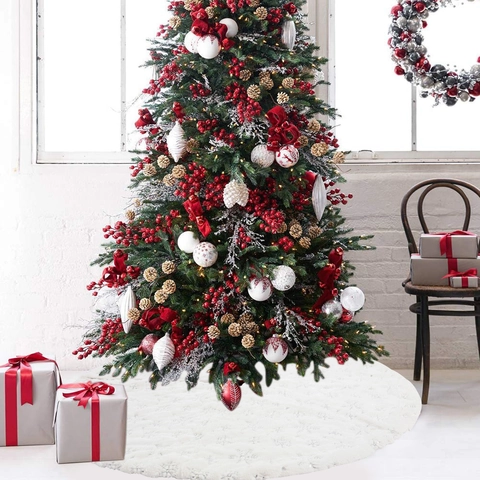 Weißer Weihnachtsbaumdecke Aus Kunstfell Mit Silbernem Pailletten Schneeflocken Muster Für Feiertags Weihnachtsbaum Dekoration Heim Party