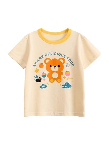 Παιδικό Κοριτσίστικο T-Shirt από 100% Βαμβάκι Κοντό Μανίκι Τύπωμα Αρκουδάκι Αντίθεση Στρογγυλή Λαιμόκοψη Casual Καλοκαίρι Κορεάτικο Στυλ