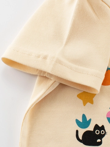Maglietta da Bambina in 100% Cotone a Maniche Corte Stampa Orso Cartone Animato Girocollo a Contrasto Casual Estate Stile Coreano