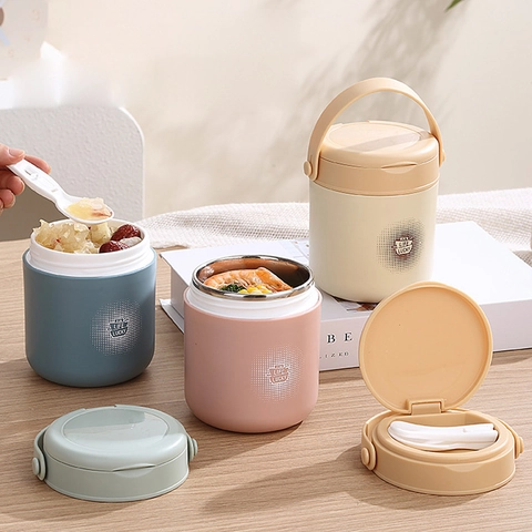 Insulated Breakfast Cup With Handle Built-in Spoon Stainless Steel Thermal Soup Container For Travel School Office