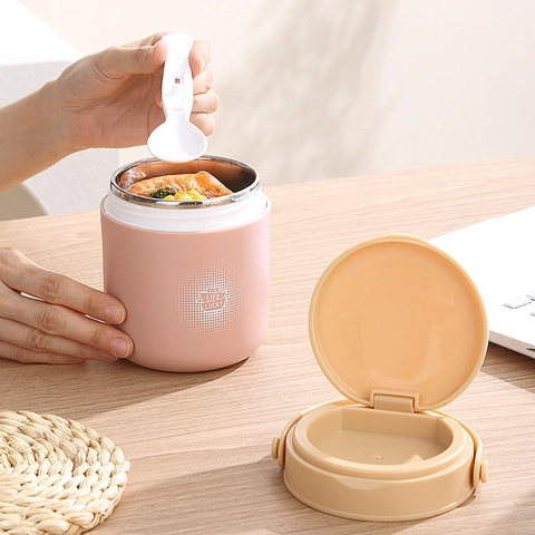 Insulated Breakfast Cup With Handle Built-in Spoon Stainless Steel Thermal Soup Container For Travel School Office