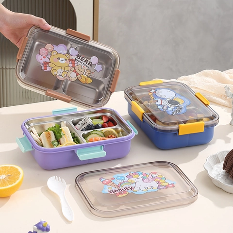 Boîte à Lunch Bento en Acier Inoxydable 304 Avec 3 Compartiments Anti-fuite Astronaute Ours Licorne Conteneur Alimentaire Pour École Bureau Adultes Enfants