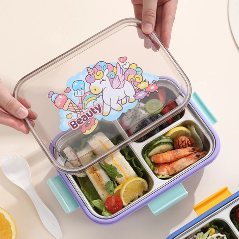 Boîte à Lunch Bento en Acier Inoxydable 304 Avec 3 Compartiments Anti-fuite Astronaute Ours Licorne Conteneur Alimentaire Pour École Bureau Adultes Enfants