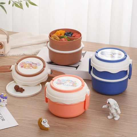 Boîte à Bento Ronde Portable à Double Couche pour Étudiants Boîte à Déjeuner en Plastique Micro-ondable avec Poignée