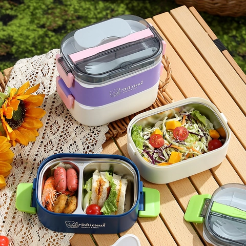 Portapranzo Bento PP Alimentare Maniglia Portatile Microonde Multistrato Ermetico Con Cucchiaio Forchetta Per Adulti