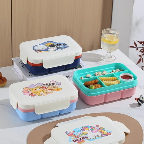 Portable 1.4L Double Layer PP Plastic Bento Box For Students Cartoon Astronaut Unicorn Pattern Microwaveable Lunch Box