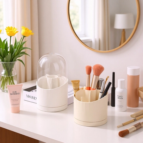 Roterende Make-up Borstel Organizer Met Transparante Stofkap PP PET Plastic Cosmetische Opbergdoos Voor Kaptafel