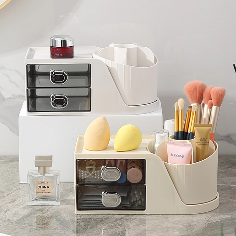 Modern Minimalist PP PS Cosmetic Storage Box With Double Drawers Bear Handle Rotating Makeup Brush Holder For Vanity Desk Organizer