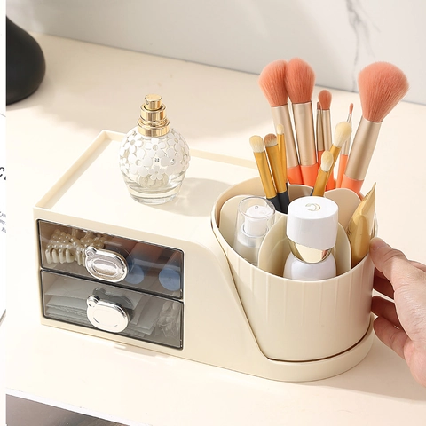 Modern Minimalist PP PS Cosmetic Storage Box With Double Drawers Bear Handle Rotating Makeup Brush Holder For Vanity Desk Organizer