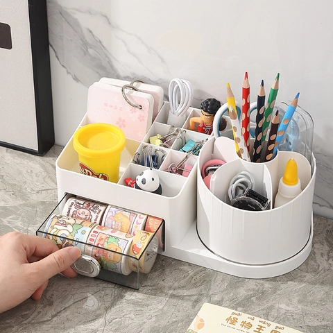 Desktop Makeup Organizer Box With Rotating Brush Holder And Transparent Drawer For Vanity Table Perfume Skincare Storage Case