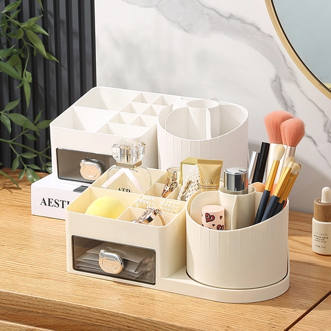 Desktop Cosmetic Storage Box Rotating Makeup Brush Holder With Drawers And Dustproof Lid For Dressing Table Vanity Skincare Jewelry Organizer