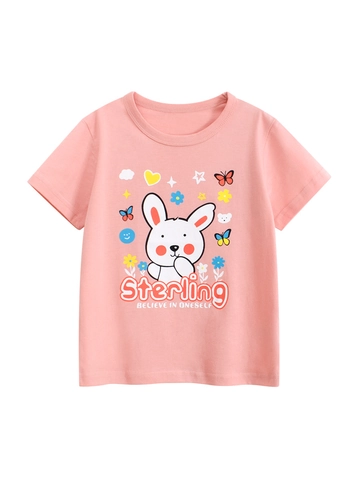 Girls Casual Pure Cotton T-Shirt Pink Cartoon Rabbit Floral Print Round Neck Short Sleeve Breathable Top Kids Clothing