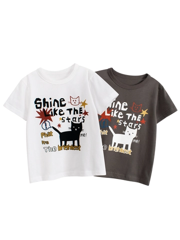 Girls Short Sleeve T-Shirt 100% Cotton Cartoon Cat Letter Print Crew Neck Summer Casual Breathable Kids Top Clothing