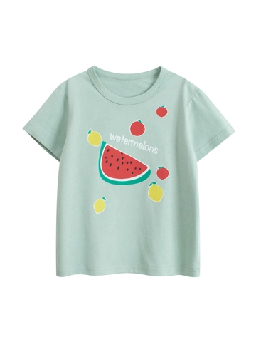 Girls 100% Cotton Short Sleeve T-Shirt Cartoon Fruit Watermelon Print Round Neck Summer Casual Breathable Top For Kids