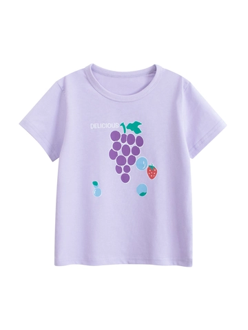 Mädchen Baumwolle Kurzarm T-Shirt Frucht Traube Erdbeere Druck Sommer Casual Lavendel Rundhalsausschnitt Top