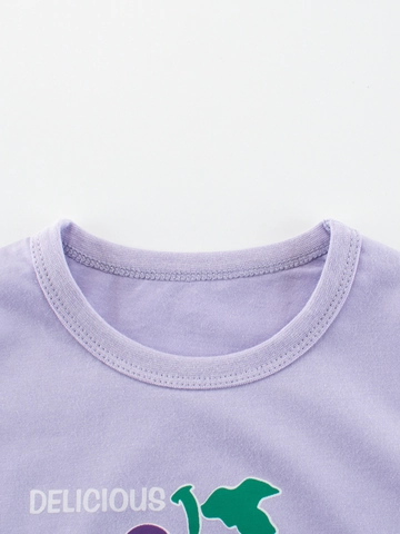 Mädchen Baumwolle Kurzarm T-Shirt Frucht Traube Erdbeere Druck Sommer Casual Lavendel Rundhalsausschnitt Top