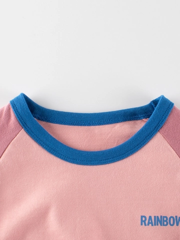 Girls Casual Cotton Raglan Long Sleeve T-Shirt Rainbow Letter Print Colorblock Base Layer Top For Kids Toddlers