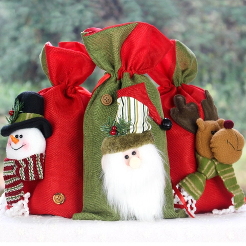 Christmas Burlap Gift Bags Santa Snowman Reindeer Dimensional Dolls Drawstring Candy Storage Holiday Party Festive Decoration