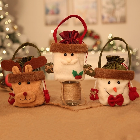 Christmas Plush Drawstring Apple Gift Bag Santa Snowman Reindeer Handheld Candy Pouch For Xmas Eve Holiday Party Kids Gift