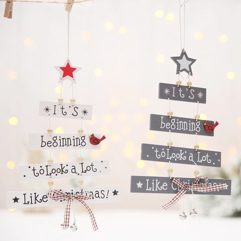 Colgante Navideño de Madera Con Forma de Árbol Con Estrella Pájaro Lazo Campana Letras Impresas Decoración de Pared