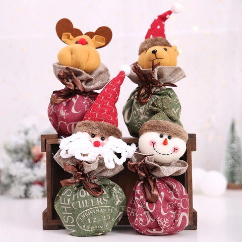Christmas Burlap Drawstring Gift Bag Plush Santa Snowman Reindeer Pattern Holiday Party Candy Apple Pouch Packaging Decor