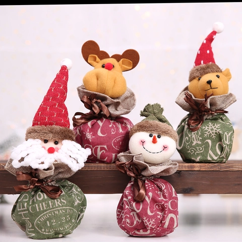 Christmas Burlap Drawstring Gift Bag Plush Santa Snowman Reindeer Pattern Holiday Party Candy Apple Pouch Packaging Decor