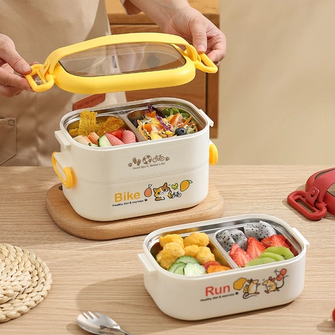 304 Roestvrij Staal Draagbare Lunchbox Dubbellaagse Thermische Bento Box Met Handvat Cartoon Patroon Voor School Kantoor