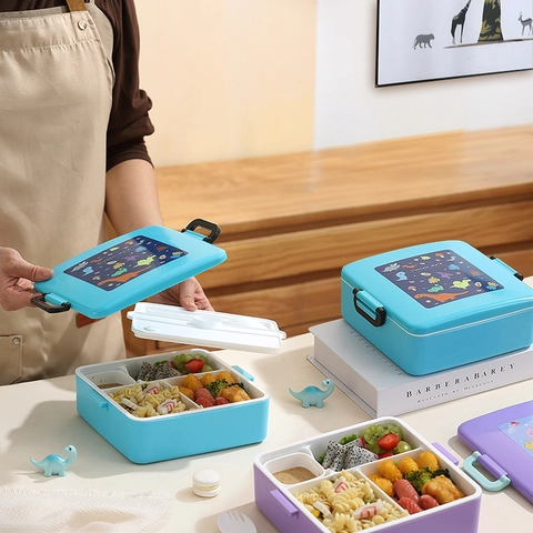 Boîte à Déjeuner Bento Portable pour Enfants Avec Compartiments Récipient Alimentaire en Plastique Micro-ondable pour École Pique-nique Thème Dinosaure Espace