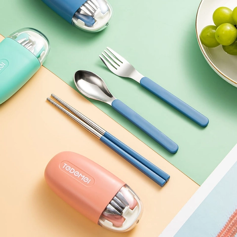 Portable 304 Stainless Steel Cutlery Spoon Fork And Chopsticks In Capsule Case For Travel School Office Picnic Daily Use