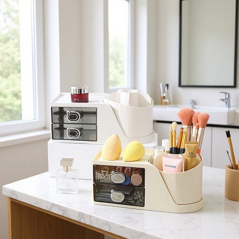 Desktop Cosmetic Storage Box Rotating Makeup Brush Holder With Drawers And Dustproof Lid For Dressing Table Vanity Skincare Jewelry Organizer