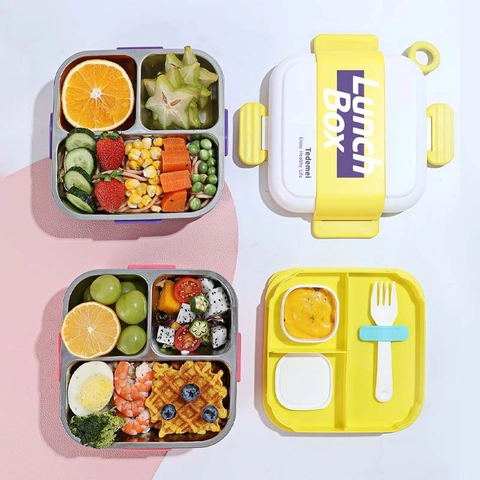 Boîte À Déjeuner Divisée Acier Inoxydable 304 Et Plastique Conteneur Bento Étanche Avec Fourchette Portable Pour Enfants