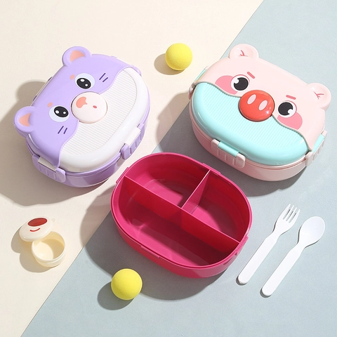 Cartoon Animal Kids Divided Lunch Box With Cutlery Microwave Safe PP Plastic Bento Box For School Travel Outdoor Picnic