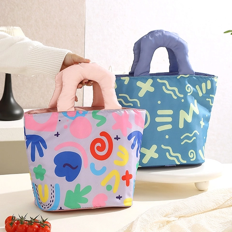 Geïsoleerde Lunchtas Voor Vrouwen Studenten Kantoormedewerkers Draagbare Thermische Bento-Tas Met Puffy Handvat Abstract Bedrukte Polyester Aluminiumfolie Voering Picknick Handtas