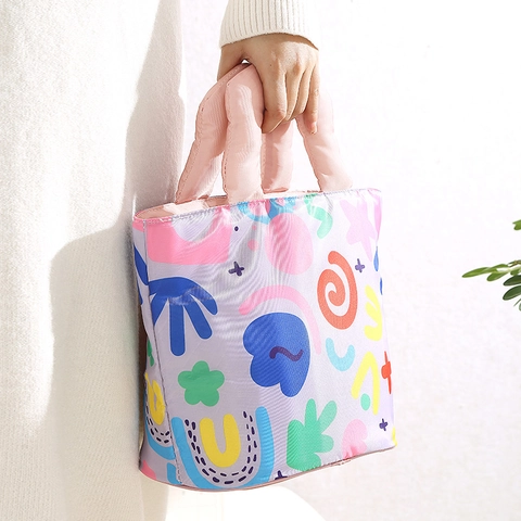 Geïsoleerde Lunchtas Voor Vrouwen Studenten Kantoormedewerkers Draagbare Thermische Bento-Tas Met Puffy Handvat Abstract Bedrukte Polyester Aluminiumfolie Voering Picknick Handtas