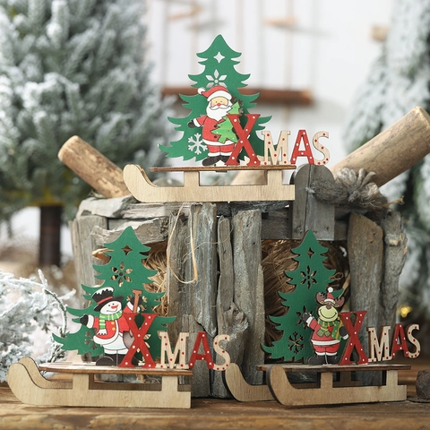 Ornement de Traîneau de Noël en Bois Découpé au Laser Père Noël Bonhomme de Neige Renne Décoration de Table Nordique