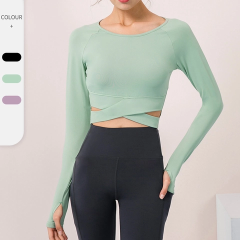 Maglia da Yoga a Maniche Lunghe da Donna Aderente Con Imbottiture Rimovibili Asole per i Pollici Orlo Incrociato Sport
