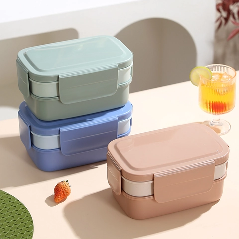 Fiambrera de Doble Capa PP Silicona Apto para Microondas A Prueba de Fugas Bento Box para Adultos Oficina Picnic Escuela