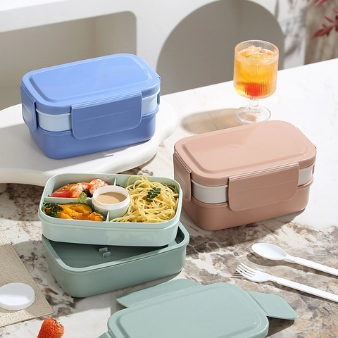 Fiambrera de Doble Capa PP Silicona Apto para Microondas A Prueba de Fugas Bento Box para Adultos Oficina Picnic Escuela