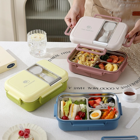 Tragbare Lunchbox 304 Edelstahl Fach Auslaufsicher Büro Schule Picknick Lebensmittelbehälter Mit Utensilien