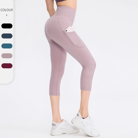 Leggings Capri da Yoga a Vita Alta da Donna Effetto Seconda Pelle Con Tasche Laterali Elasticizzati Fitness Sportivi