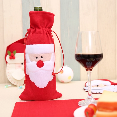 Christmas Santa Claus Red Wine Bottle Cover Felt Drawstring Gift Bag Embroidered Nose Festive Party Dinner Table Decoration