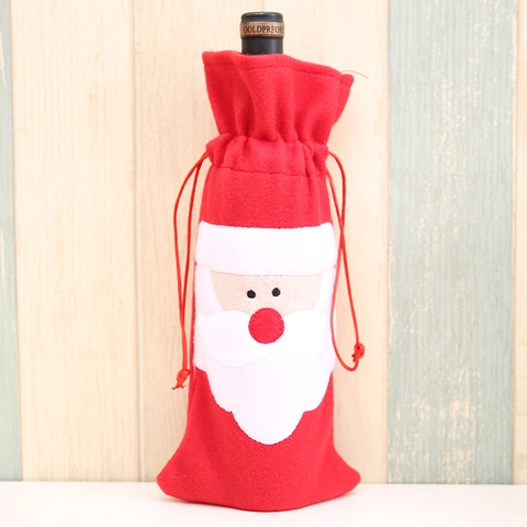 Christmas Santa Claus Red Wine Bottle Cover Felt Drawstring Gift Bag Embroidered Nose Festive Party Dinner Table Decoration