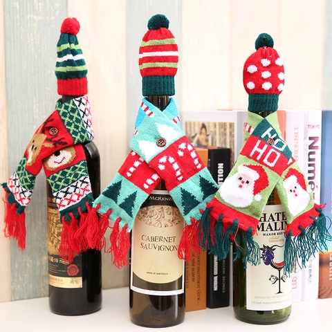 Housse de Bouteille de Vin de Noël Mini Bonnet Tricoté Et Écharpe Décorative Motif Père Noël Renne Pour Table de Fête