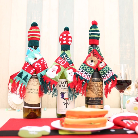 Housse de Bouteille de Vin de Noël Mini Bonnet Tricoté Et Écharpe Décorative Motif Père Noël Renne Pour Table de Fête