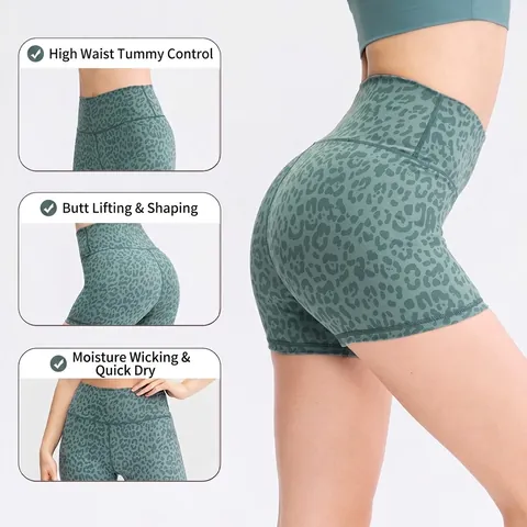 Damen Hohe Taille Tarnmuster Leopardenmuster Yoga Shorts Bauchkontrolle Po Lifting Atmungsaktiv Elastisch Fitness Laufen Sport Shorts