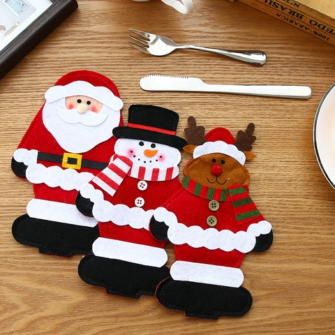 Borsa Porta Posate di Natale Babbo Natale Pupazzo di Neve Renna Supporto per Posate in Feltro per Decorazione Tavola Feste
