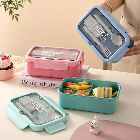 Boîte Bento Portable En Plastique Pour Micro-Ondes Boîte Déjeuner Compartimentée Avec Cuillère Fourchette École Bureau